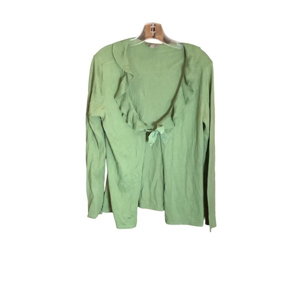 J. Jill Women's Green Ruffle Bib Ribbon Tie Silk Cashmere Cardigan Sweater Small - Picture 1 of 5